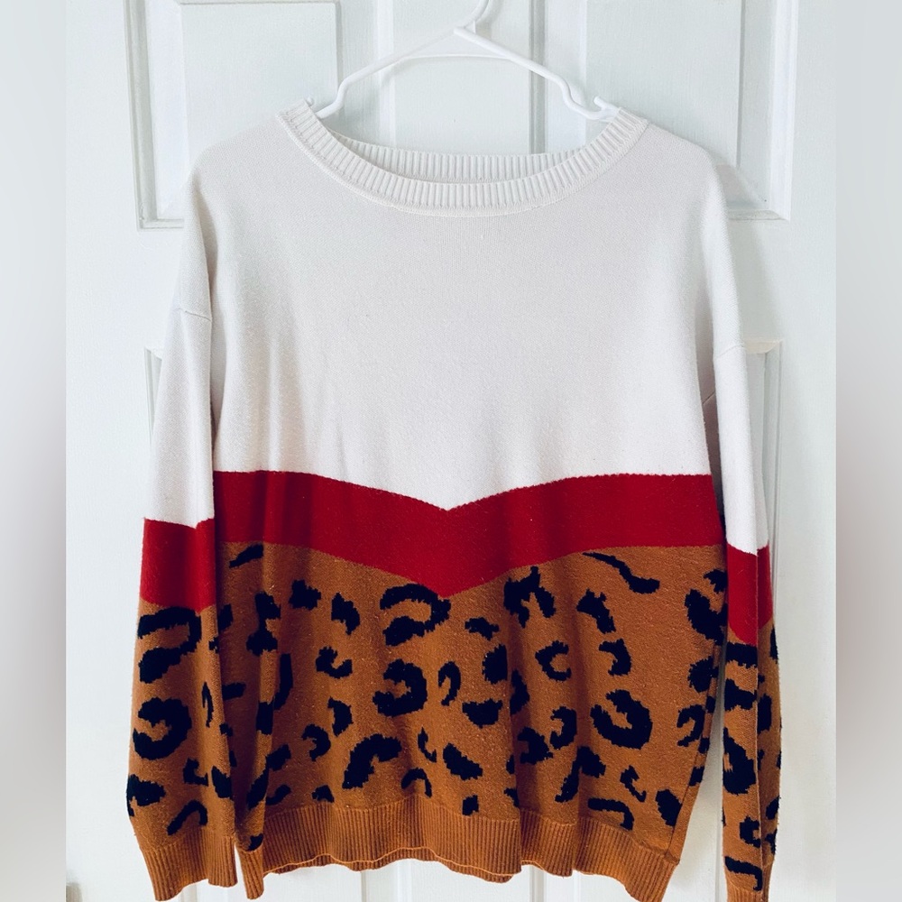 Amazon Women's Leopard Print Colorblock Sweater - Red, White, Brown